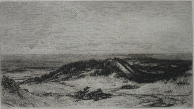 Elihu Vedder etching: Elihu Vedder- ''Sea Serpent''- etching, 1864, water staining upper left image, other staining confined to margins. 5 x 8 3/4''