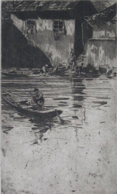 Jan C. Vondrous etching and drypoint: Jan C. Vondrous- ''An Old House By The River''- etching and drypoint, 1911, signed and dated in pencil, very good condition. 9 7/8 x 5 15/16''