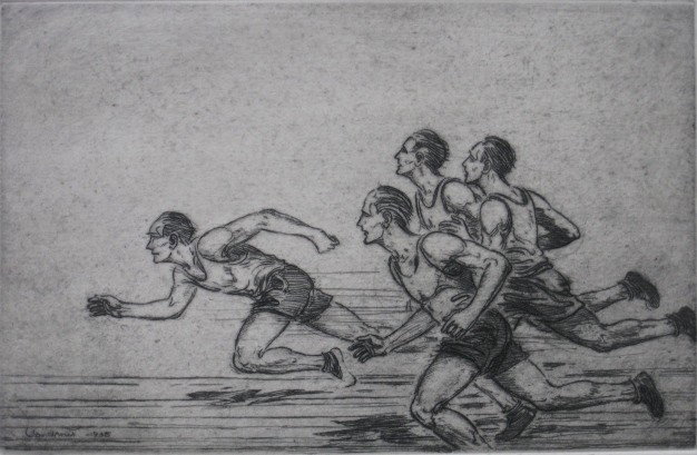 Jan C. Vondrous etching and drypoint: Jan C. Vondrous- ''The Race''- etching and drypoint, 1936, signed and dated in pencil, very good condition. 4 1/2 x 7''