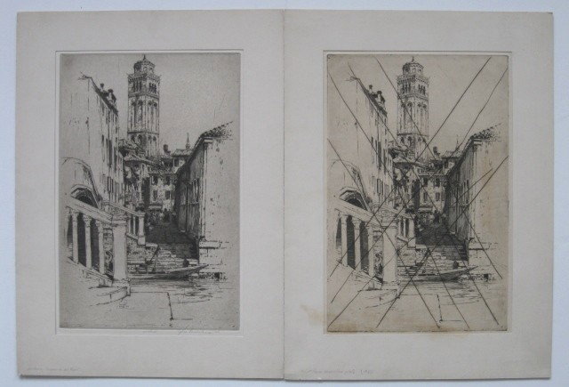 Jan C. Vondrous 2 etchings and drypoint: Jan C. Vondrous- ''Campanile dei Frari''- 2 etchings and drypoint (1 from cancelled plate), 1 signed and dated in pencil, very good condition. 14 1/16 x 9 1/4'' ea.