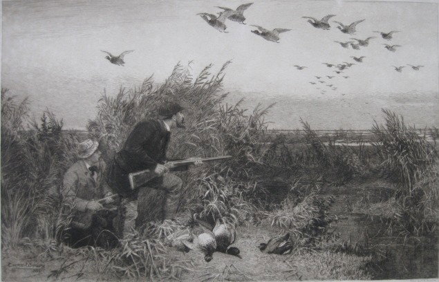 after Charles Whymper etching: after Charles Whymper- ''Duck Shooting''- etching, 1885, engraved by H. R. Robertson, published in 1886 by the Fine Arts Society, tear top margin, stops at image. 14 x 22''