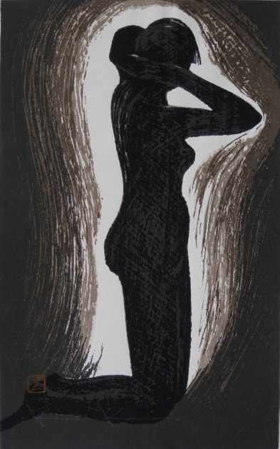 Kaoru Kawano woodcut: Kaoru Kawano- Nude in Profile- woodcut in colors, ca. 1960, signed in pencil in the image, very good condition. 14 3/4 x 9 3/8''