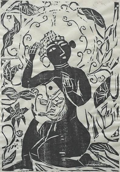 Shiko Munakata woodcut: Shiko Munakata- ''Fish and Flower and Female Buddha''- woodcut, 1957, signed and dated in pencil, edition of 250 plus, the Print Club of Cleveland publication no. 37, very good condition. 12 1/2 x 8 5