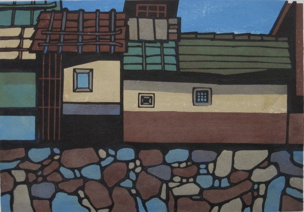 Katsuyuki Nishijima woodblock: Katsuyuki Nishijima- ''Kamioka''- woodblock in colors, signed and numbered 30/500 in pencil, titled in Japanese in pencil, old paper tape and masking tape hinges. 11 x 15 3/4''