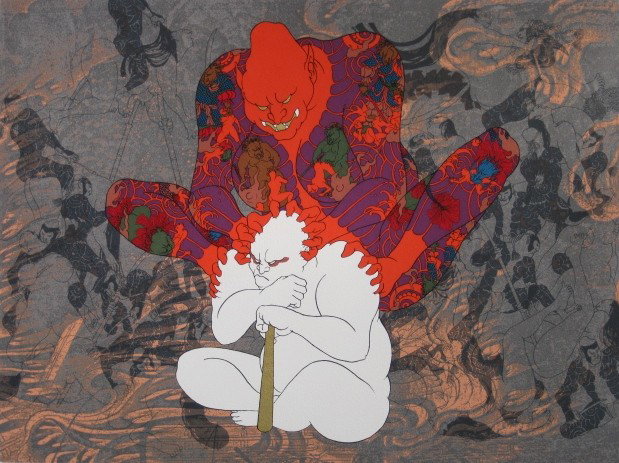 Hideo Takeda silkscreen: Hideo Takeda- ''Death of Taira Kiyomori''- silkscreen in colors, signed and numbered 136/185 in pencil, artist's blindstamp lower right. 15 1/2 x 20 3/4''