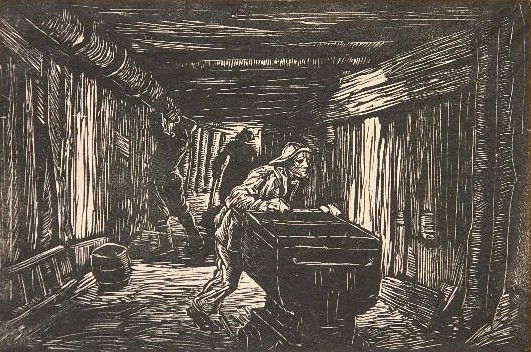 Albert Abramovitz wood engraving: Albert Abramovitz- ''In The Shaft Moscow''- wood engraving, 1935, signed, dated and titled in pencil, printed on a full sheet of Japanese mulberry paper. This print was exhibited in the United Kingdom