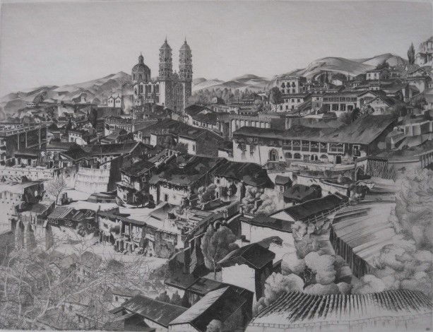 John Taylor Arms etching: John Taylor Arms- ''Light and Shade, Taxco'' (Fletcher 394)- etching, 1946, Mexican Series #2. 10 1/2 x 13 3/4''