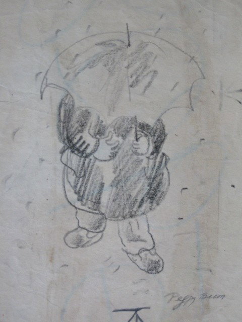 Peggy Bacon graphite on paper: Peggy Bacon- Woman With Umbrella- graphite on paper, signed, stains throughout, as is. 6 1/2 x 6 1/4''