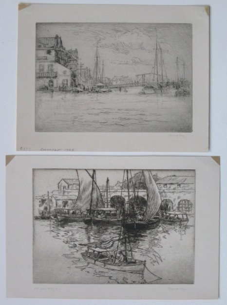 Reynolds Beal 2 etchings: Reynolds Beal- ''Curacao - 1923''; ''San Juan, Puerto Rico''- 2 etchings, both signed in pencil, both have tape remnants top two corners, otherwise very good condition. 4 5/8 x 6 3/4''; 5 x 7''