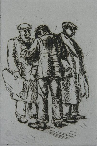 Isabel Bishop etching: Isabel Bishop- ''Three Men on Fourteenth Street'' (Teller 4A)- etching, 1927-31 signed and numbered VII/XXV in pencil, from the edition of 25 published in 1985, very good condition. 4 1/2 x 3''