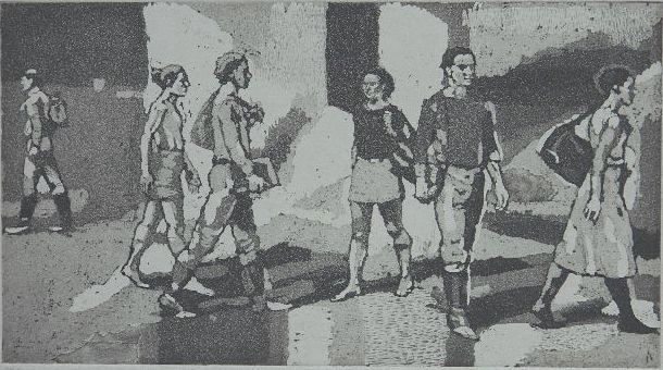 Isabel Bishop etching and aquatint: Isabel Bishop- ''Students Outdoors'' (Teller 75)- etching and aquatint, 1977, signed and numbered 99/100 in pencil, very good condition. 7 1/8 x 12 3/4''