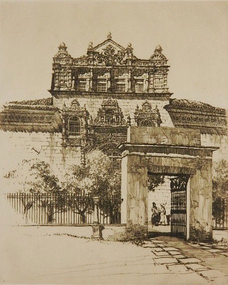 Samuel Chamberlain etching: Samuel Chamberlain- ''The Hospital, Santa Cruz, Toledo'' (Chamberlain 271)- etching, ca. 1934, signed and numbered 93/100 in pencil, The Print Club of Rochester presentation print, accompanied with th