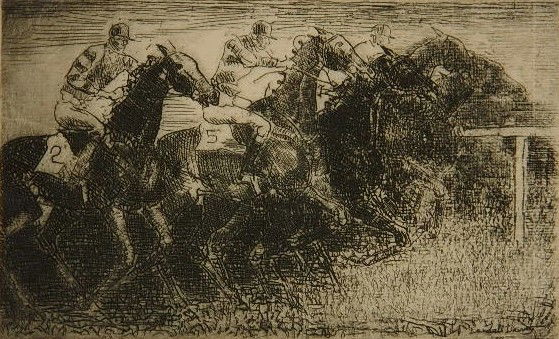 Randall Davey etching: Randall Davey- A Start- etching, ca. 1940, signed and titled in pencil, edition of 30, drying tack holes in the margins, a rich impression printed on cream laid paper. 4 7/16 x 7 1/4''