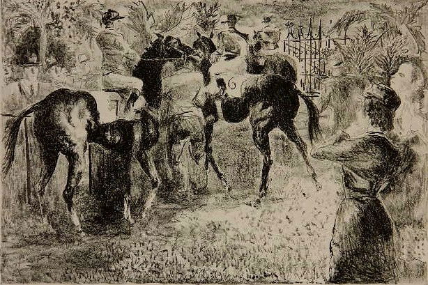 Randall Davey lithograph: Randall Davey- Leaving The Paddock (Hialeah)- lithograph, ca. 1940, signed, titled and annotated, printed on cream wove paper. 7 7/8 x 11 7/8''