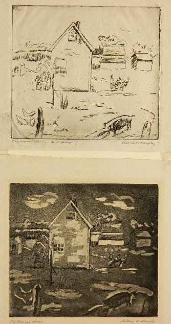 Mildred Murphy Dillon 2 prints: Mildred Murphy Dillon- ''Pig Woman's House''- 1 etching and 1 aquatint version, both are signed and titled in pencil, etching version is also annotated 'First Proof' in pencil, both printed on cream w