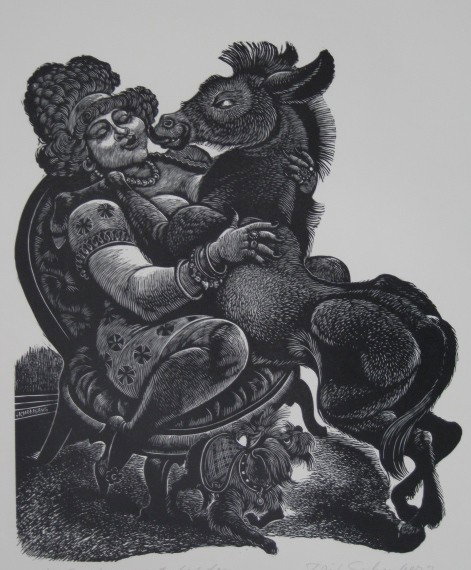 Fritz Eichenberg woodcut: Fritz Eichenberg- ''The Donkey and The Lapdog''- woodcut, signed, titled and numbered 61/100 in pencil, from the portfolio 'Fables with a Twist'. 14 x 12''