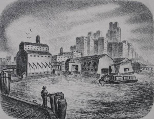 Edward Ferguson lithograph: Edward Ferguson- ''View of Manhattan''- lithograph, 1938, signed, dated, titled and numbered 16/23, done for the Michigan WPA, very good condition. 6 1/4 x 8''