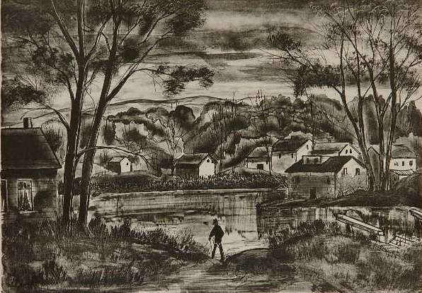Emil Ganso wash and scratch lithograph: Emil Ganso- ''Eddyville or Morning Stroll'' (Smith L30B)- wash and scratch lithograph on chine colle mounted on white wove paper, 1922, signed and numbered 7/35 in pencil. Exhibited at the Whitney Mus