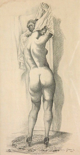 Emil Ganso lithograph: Emil Ganso- ''Model (no.1)'' (Smith L-49)- lithograph on chine colle, 1937, paper hinge remnants along left edge, several small spots of light color staining bottom in image, glue staining upper left.