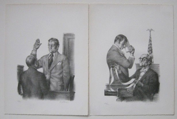 Joseph Hirsch 2 lithographs: Joseph Hirsch- ''The Whole Truth''; ''Strictly From The Record''- 2 lithographs, 1974, both signed and numbered 292/300 in pencil, AAA publication, very good condition. 22 3/4 x 17 1/4'' ea.