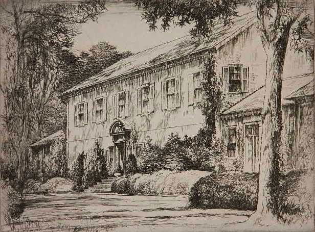Earl Horter etching: Earl Horter- ''Chatham on Rappahannock''- etching, ca. 1930, signed and titled in pencil, from the series: Historic Homes of Virginia. Clara Barton first visited Chatham (known as the Lacy House durin