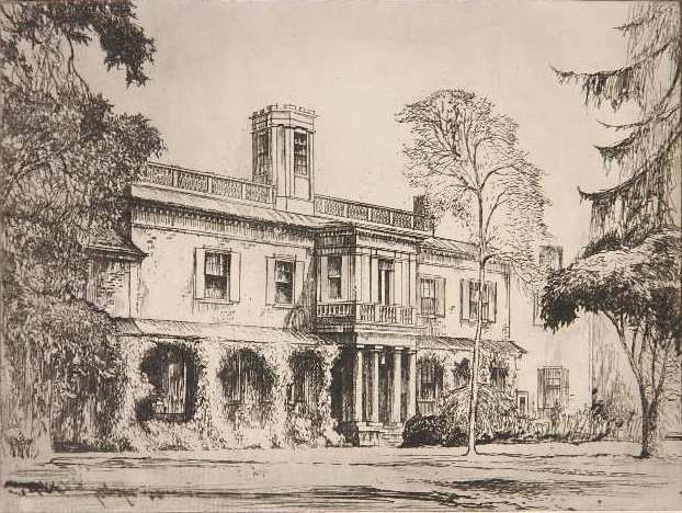 Earl Horter etching: Earl Horter- ''Drybegor Manor''- etching, ca. 1930, signed and titled in pencil, from the series: Historic Homes of Virginia. 8 1/8 x 10''