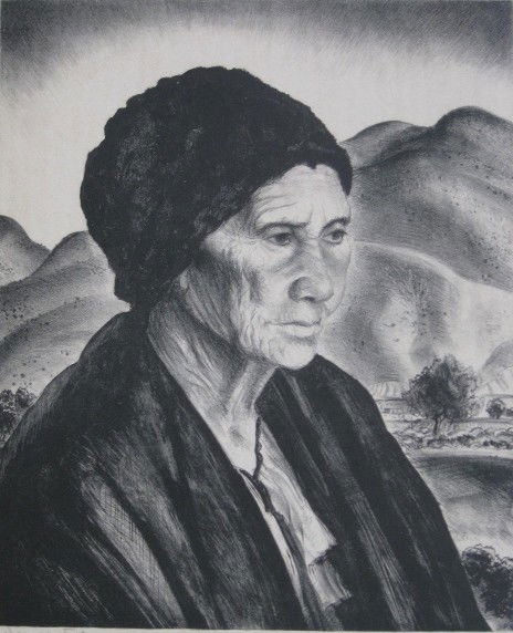 Peter Hurd lithograph: Peter Hurd- ''Dona Nestorita'' (Meigs 55)- lithograph, 1940, signed and titled in pencil, AAA edition of 50, light struck, trimmed with 3/8'' or more margin, small foxing throughout, verso minor mat b