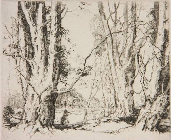 Alfred Hutty etching and drypoint: Alfred Hutty- ''Beverly Beeches''- etching and drypoint, 1926, signed and monogrammed in pencil, edition of 75, a rich impression with plate tone printed on cream laid paper with deckle edges on three
