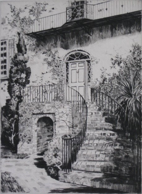 Alfred Hutty drypoint: Alfred Hutty- ''My Doorway on Tradd Street''- drypoint, ca. 1930, signed and monogrammed with snail in pencil, a rich impression with plate tone printed on cream laid paper. 10 1/2 x 7 5/8''