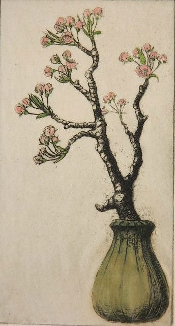 Bertha Jaques drypoint: Bertha Jaques- ''Pearbuds'' (Jaques 343)- drypoint with hand-coloring, 1924, signed and titled in pencil, printed with plate tone on Japanese mulberry paper, one of the artist's just famous floral ima