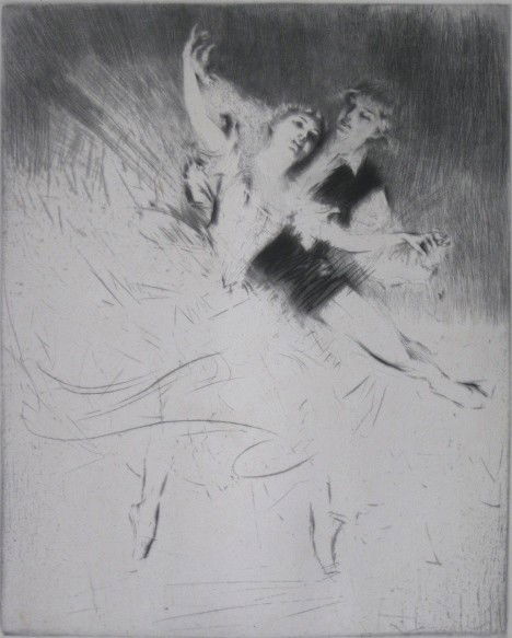 Troy Kinney drypoint: Troy Kinney- ''Lopokove and Nijinski in Les Sylphides'' (Kinney 11)- drypoint, signed and numbered 42/50 in pencil, edition of 138, very slightly light struck. 12 1/8 x 9 7/8''