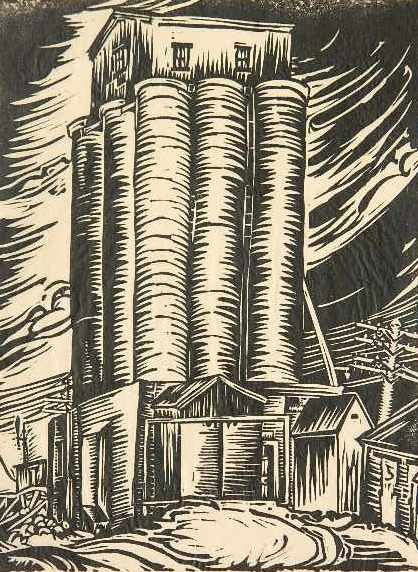 Germany Klemm linoleum cut: Germany Klemm- ''Prairie Skyscraper''- linoleum cut, 1930, signed, titled and numbered 15/100 in pencil, printed on Japanese mulberry paper. Miss Klemm taught at the Rhode Island School of Design. 11