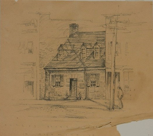 Armin Landeck graphite drawing: Armin Landeck- ''Oldest House in Richmond, VA''- graphite on brown paper, 1925, titled in pencil, stains on the right side of the image, paper fold and paper loss in the title and lower right, just ou