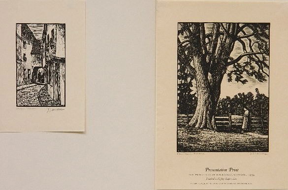Julius J. Lankes 2 wood engravings: Julius J. Lankes- ''Cologne Street'' and ''Elm Tree in Aurora''- 2 wood engravings, 1927 and 1934, each signed and titled in pencil, 'Elm Tree' is the first presentation print for the Print Club of Ro