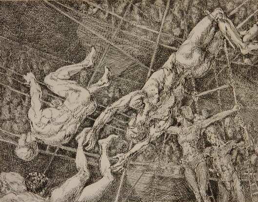 Reginald Marsh etching: Reginald Marsh- ''Flying Concellos'' (Sasowsky 163)- etching, 1936, numbered 5/100, as published by The Whitney Museum in 1969, Whitney Museum blind stamp, light struck. 8 x 10''