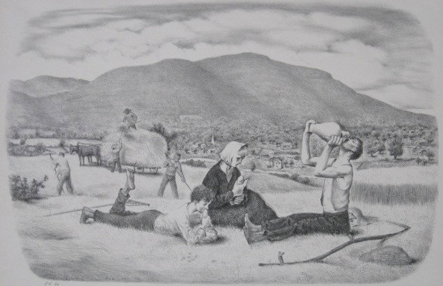 John Mc Clellan lithograph: John Mc Clellan- ''A World At Peace''- lithograph, signed and annotated 'Ed. 50' and 'Best wishes Kitty' in pencil, slightly light struck, otherwise very good condition. 8 7/8 x 13 1/2''