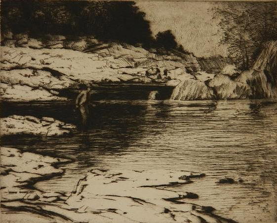 Robert Nisbet drypoint: Robert Nisbet- ''Fly Fishing''- drypoint, signed, titled and annotated '$200 and SA' in pencil, printed on cream wove paper with deckled edges, the image shows a fly fisherman casting for surface-feed