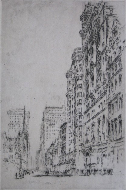 Joseph Pennell etching: Joseph Pennell- ''St. Thomas and St. Regis'' (Wuerth 347)- etching, 1904, signed in pencil, edition of 75, abrasion to paper in lower right corner just below image. 11 7/8 x 7 3/8''