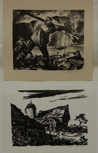 H. Pitz lithograph and H. Mueller woodcut: Henry Pitz- ''Main Fisherman''- lithograph, 1937; and Hans Mueller- ''Farm Veteran''- woodcut, 1945; both signed in pencil, both are scarce early Print Club presentations for The Print Club of Rochest