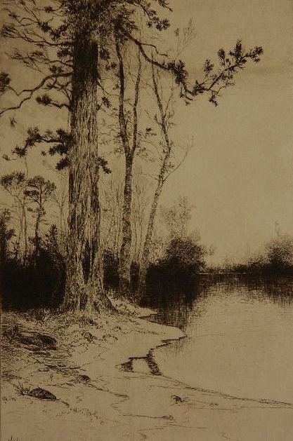 Julian Rix etching: Julian Rix- ''Trinity Peaks''- etching, 1888, as published in John Muir's 'Picturesque California', a rich impression in black / brown ink printed on cream laid paper, a striking early California imag