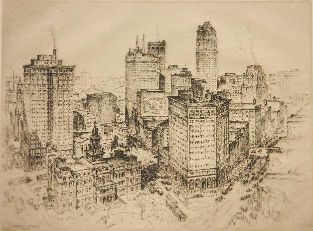 Anton Schutz etching: Anton Schutz- ''Heart of Detroit''- etching, 1927, signed in pencil, very good condition. 8 3/4 x 11 7/8''