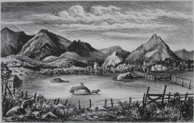 Fred Shane lithograph: Fred Shane- ''Farm in The Rockies''- lithograph, 1945, signed in pencil, AAA edition of 250, very good condition. 7 1/2 x 11 3/4''