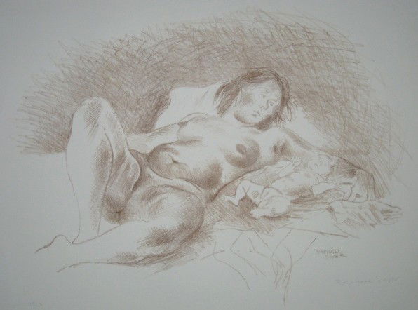 Raphael Soyer lithograph: Raphael Soyer- ''Mother and Child'' (Cole 114)- lithograph in sepia, 1966, signed and numbered 12/50 (The edition was 25 printed in black and 25 in sepia), very good condition. 16 x 22''