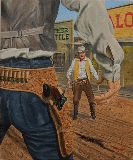 Randy Steffen oil: Randy Steffen- ''The Showdown''- oil on canvasboard, 1957, signed Randy Steffen '57- lower right, signed, titled, dated and annotated 'Cisco, Texas' verso, this oil was used as the cover for 'The Leat