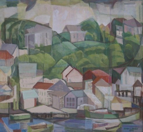 Clara Deike oil: Clara Deike- ''The Wharf, No. 2''- oil on canvasboard, 1954, signed Clara L. Deike 1954- lower right. 24 x 26'' Exhibited: The 37th Annual May Show, Cleveland Museum of Art, Cleveland, Ohio.