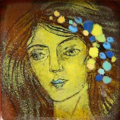 Vicky Heinz fused glass panel: Vicky Heinz- ''Pensive Baccante''- fused glass panel, very good condition. Vicky Heinz studies under Edris Eckhardt and was a frequent exhibitor in the May Shows at Cleveland Museum of Art. 2 1/2 x 2