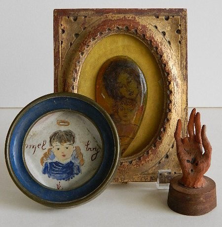 Vicky Heinz ceramic dish: Vicky Heinz- ''Angel Boy''- ceramic dish, signed on verso, and 1 glass panel of Mother and Child; together with a ceramic hand done by Edris Eckhardt as a class demonstration (as is). 3 1/2 x 3 1/2'';