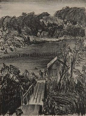 Mabel Hewit lithograph: Mabel Hewit- ''Swimming Hole at The House''- lithograph, 1945, signed, titled and dated in pencil, slight mat burn. 9 1/4 x 6 3/4''