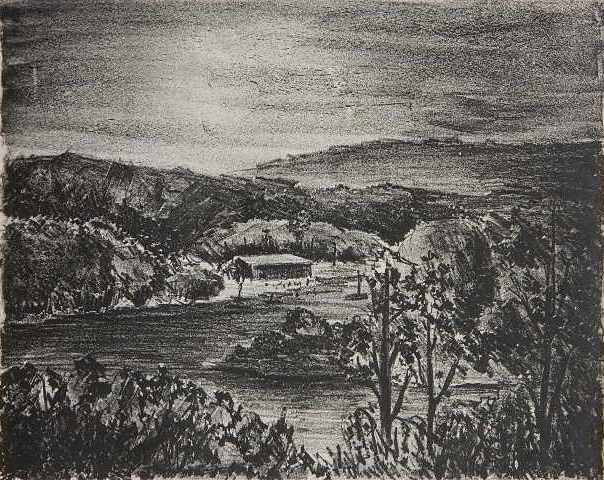Mabel Hewit lithograph: Mabel Hewit- ''Hinckley Lake''- lithograph, 1949, signed, titled, dated and numbered 2/11 in pencil, masking tape hinges at top edge. 7 5/8 x 9 1/2'' Exhibited: 1949 Annual May Show, Cleveland Museum 