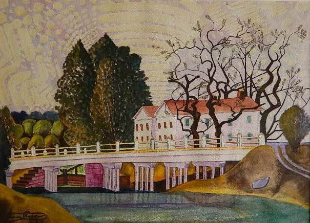 Dr. James Kocour watercolor: Dr. James Kocour- Landscape with House and River- watercolor on paper, signed James Kocour- lower left, very good condition. 15 x 20 3/4''